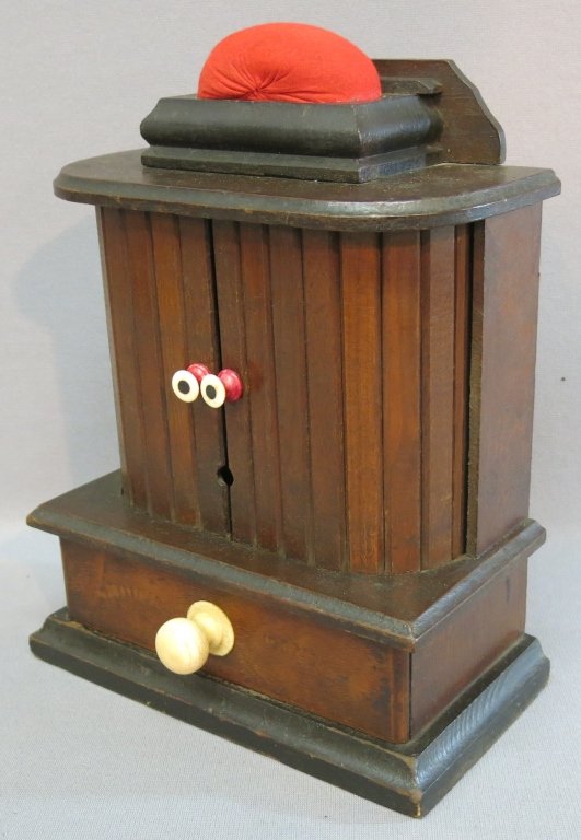 FOLK CRAFTED TAMBOUR FRONT SEWING BOX: WITH WHALEBONE AND IVORY FITTINGS; WITH INTERIOR IVORY POSTS AND CARVED NEEDLE CASE; 9" X 5" X 11 1/4"; FINELY RESTORED