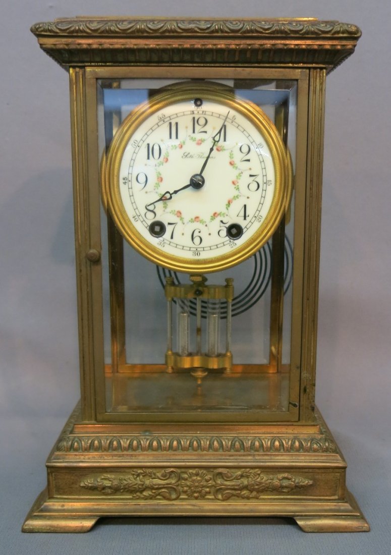 SETH THOMAS REGULATOR CLOCK: WITH BRONZE AND BEVELLED GLASS CASE, ORIGINAL FAUX MERCURY PENDULUM; 12 1/4" TALL