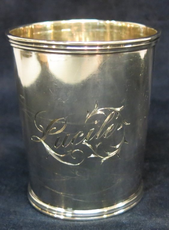 EARLY COIN SILVER JULEP CUP BY DUHME & CO: CINCINNATTI, OH; WITH SCRIPT ENGRAVING 'LUCILE'; 3 1/4" TALL; 3.89 OZT.