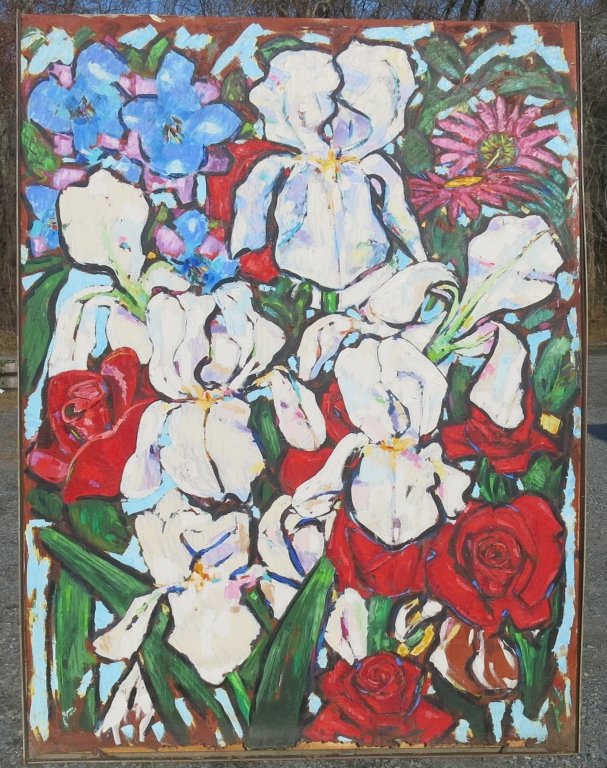 JOHN SEERY OIL ON CANVAS STILL LIFE OF FLOWERS: LABEL NOTES "CREATION" 1986; 92" X 69"; AS FOUND: LOWER EDGE TORN FROM STRETCHER, STRETCHER BROKEN; (NY/MA 1941-)
