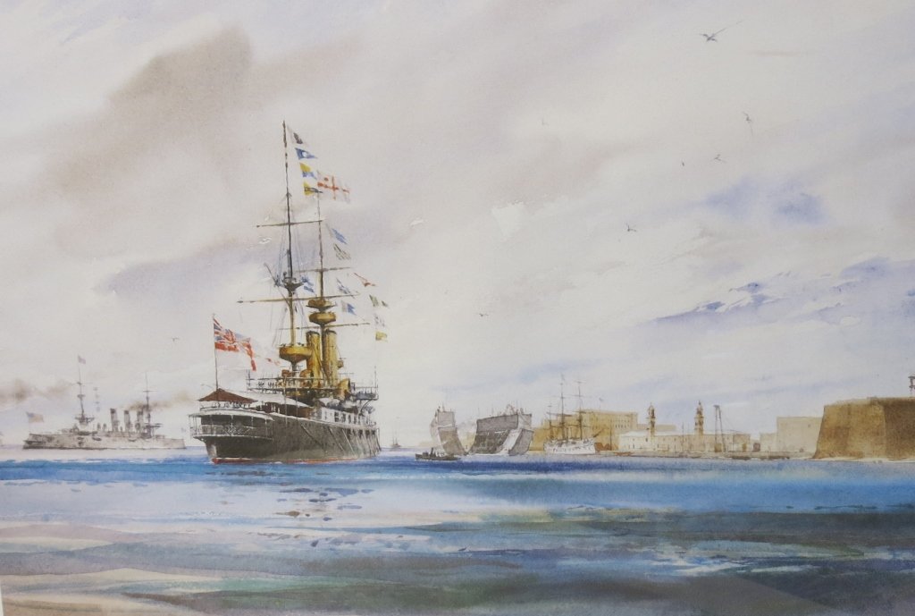 PENCIL SIGNED PRINT BY IAN MARSHALL: 'HMS RENOWN AND USS NEW YORK; IN GRASSY BAY, BERMUDA, 1898'; #41/500; 17 1/2" X 23 1/2"