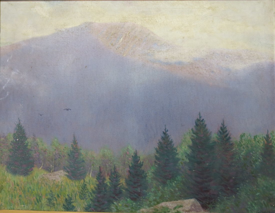 OIL PAINTING ON CANVAS OF A MOUNTAIN LANDSCAPE: POSSIBLY BY EDWARD CLARK CHURCHILL MACE (SOUTH AFRICA 1863-1928); 28" X 36" ;SIGNED CHURCHILL LOWER RIGHT