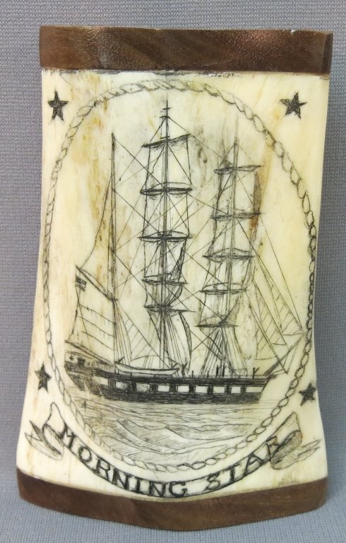 SCRIMSHAWED WHALEBONE SECTION "MORNING STAR": WITH SCRIMSHAWED WHALING SCENE ON VERSO; 6 1/2" TALL