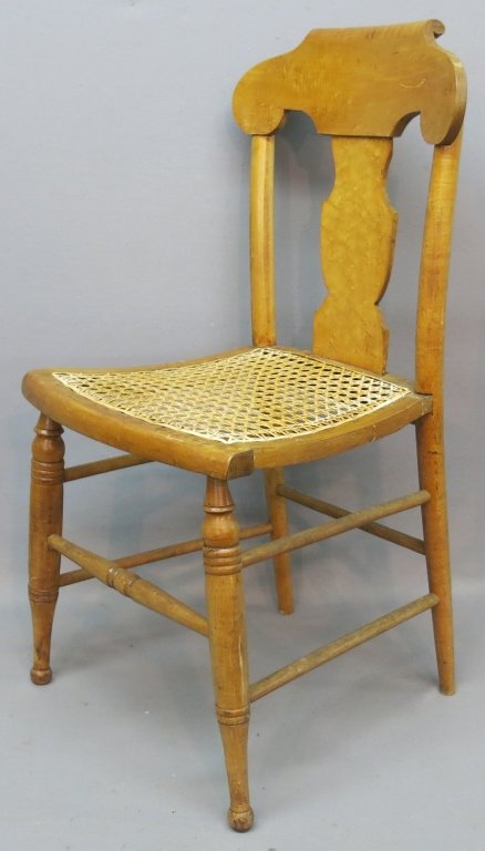 FOUR FIDDLEBACK SHERATON BIRD'S EYE MAPLE CHAIRS: - 18" X 17" X 34"