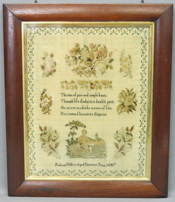 INTRICATE 19TH C. SCHOOL GIRL SAMPLER: BY REBECCA SHILTON, 1847 WITH QUOTE FROM GAY'S FABLES; 17" X 3 1/2"