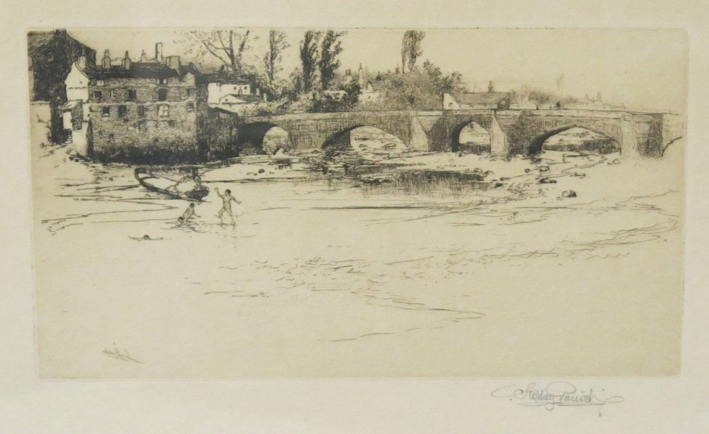 STEPHEN PARRISH PENCIL SIGNED ETCHING: TITLED 'ON THE DEE', SCOTLAND - 4 3/4" X 9" IMAGE SIZE; (PA/NH 1846-1938)