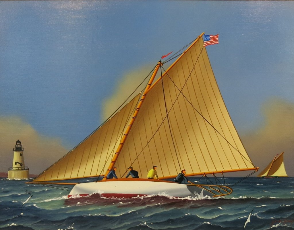 JEROME HOWES OIL ON BOARD PAINTING: 'SKIP JACK OFF ROBBIN'S REEF LIGHT"; 11" X 14"; (20TH C. AMERICAN)