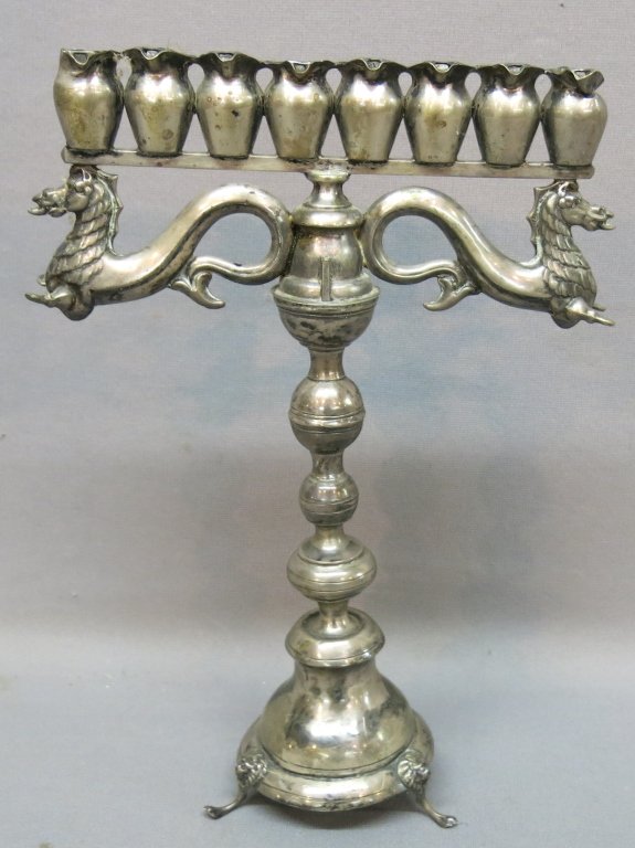 19TH C. AUSTRIAN OR GERMAN SILVER MENORAH: WITH DESIGN OF MYSTICAL SEAHORSES; 11 3/4" TALL; MARKED