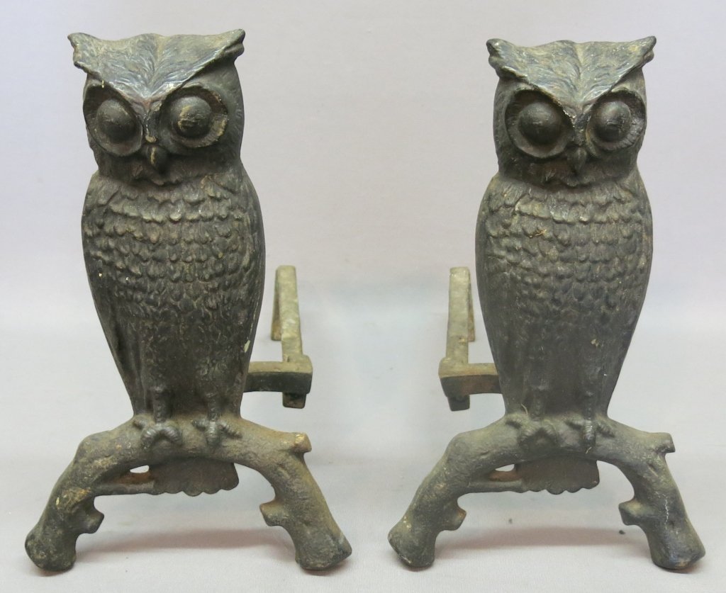 PAIR CAST IRON OWL ANDIRONS: 15 1/2" TALL