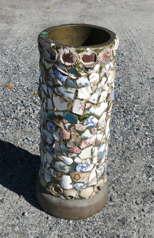 'MEMORY' STAND MADE FROM AN OLD CHIMNEY TOPPER: DECORATED WITH PORCELAINS AND SHELLS, SOME AS IS; SEVERAL CHIPS TO CERAMIC