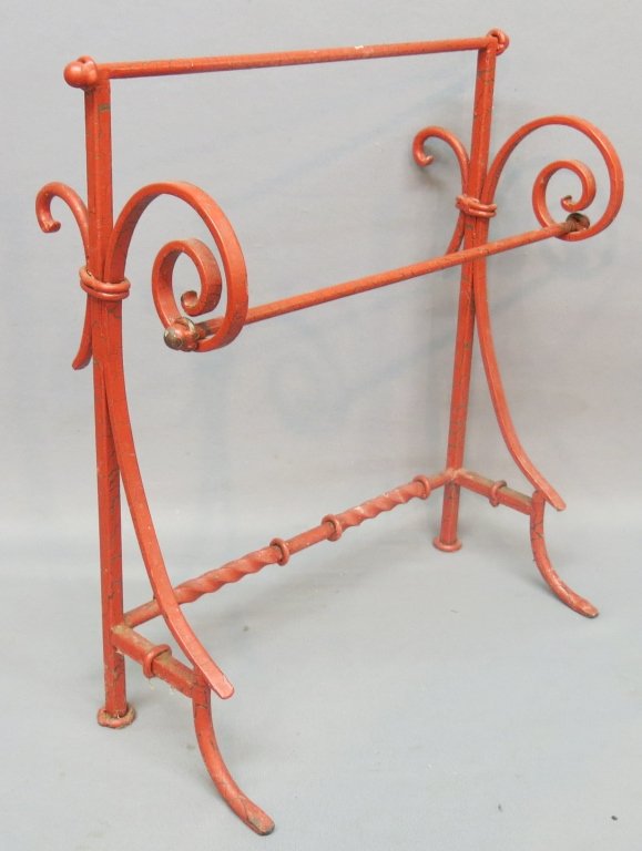 SMALL RED PAINTED WROUGHT IRON QUILT/TOWEL RACK