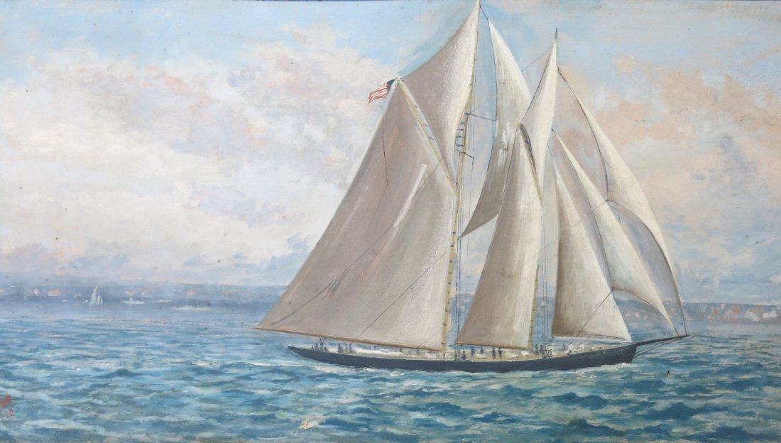 GEORGE E. HALL OIL PAINTING OF A SAILBOAT: PAINTED ON BOARD, DATED '20; 19" X 35 1/2"; FRAME AS IS