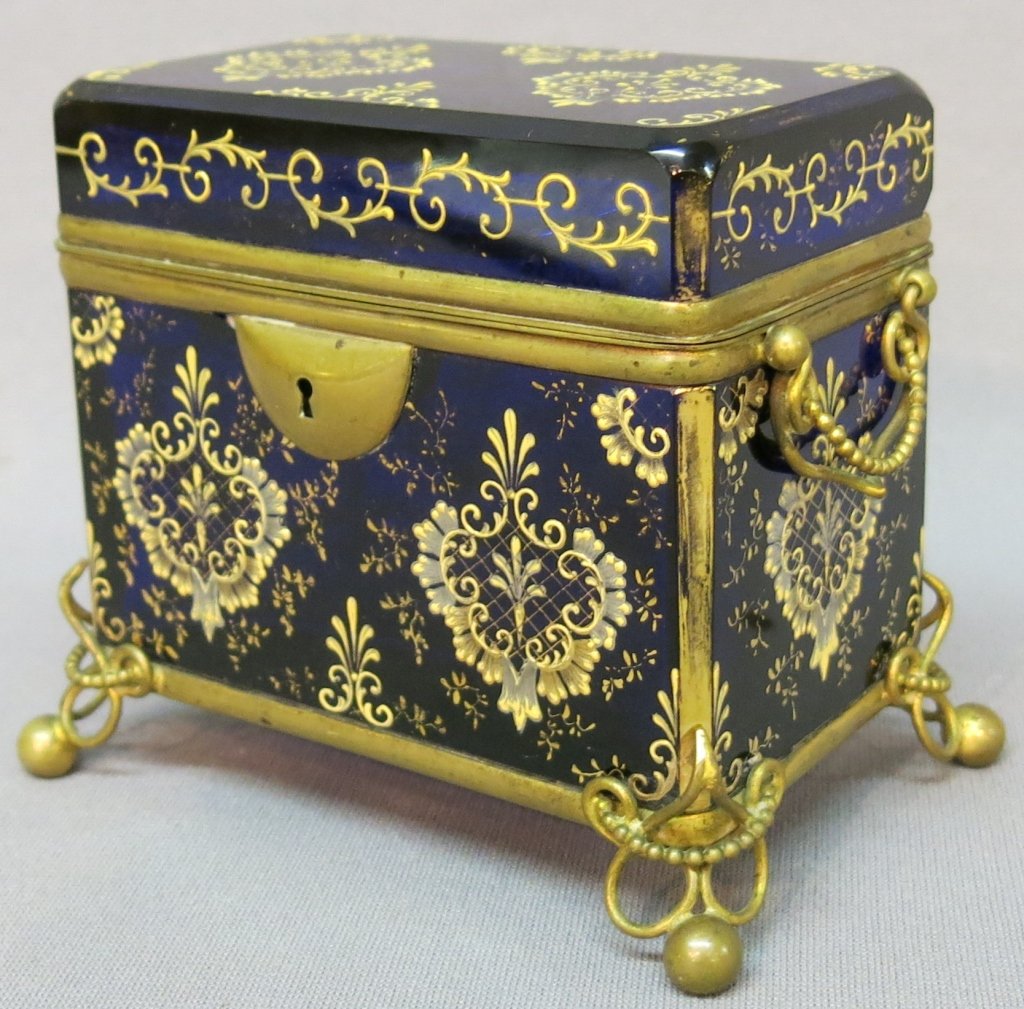 NICELY ENAMELLED BOHEMIAN GLASS JEWEL CASKET: COBALT WITH ORMOLU MOUNTS; 5 1/2" X 3 1/2" X 4 1/2"