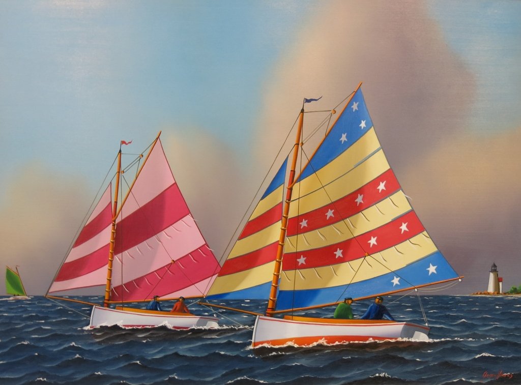 JEROME HOWES OIL PAINTING OF TWO CATBOATS: ON MASONITE; 18" X 24"; 20TH C. AMERICAN