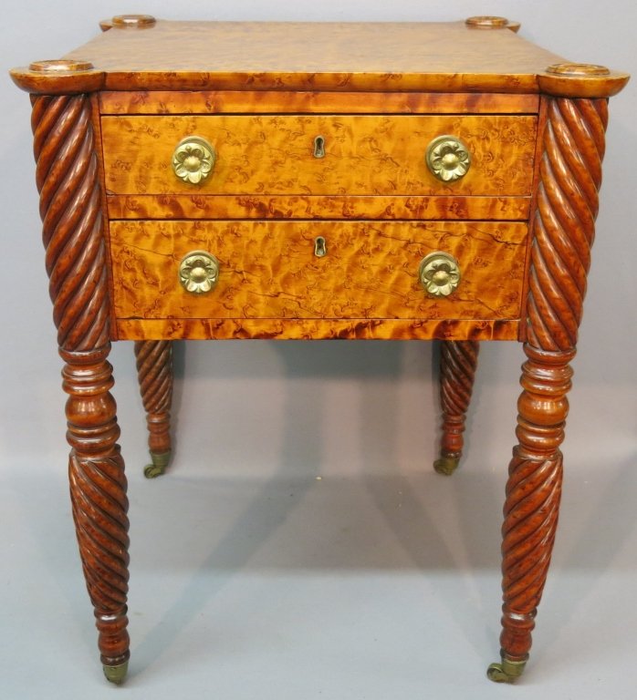 FINE SHERATON BIRDSEYE MAPLE 2-DRAWER STAND: WITH REVERSING TWIST LEGS AND COOKIE CORNERS; 21 1/2" X 21" X 27"