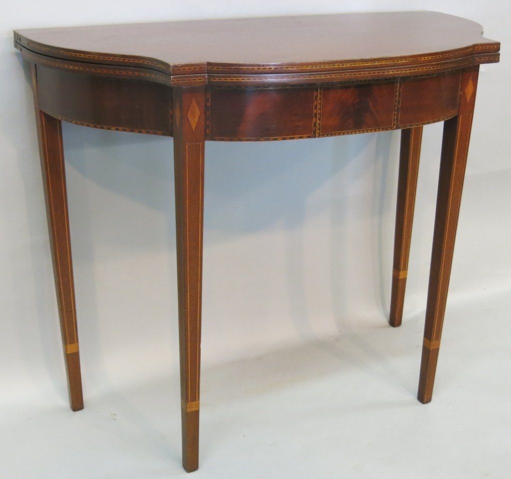 HEPPLEWHITE INLAID MAHOGANY GAME TABLE: 36" X 18" X 30", REFINISHED