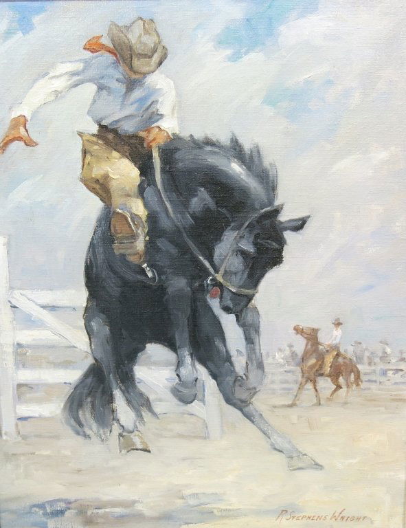 R. STEPHEN WRIGHT OIL ON CANVAS PAINTING: OF THE BRONCO 'MIDNIGHT'; 20" X 16"; (CA/IL 1903-1991)