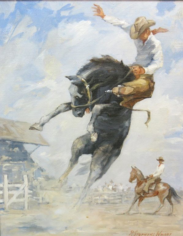 R. STEPHEN WRIGHT OIL ON CANVAS PAINTING: OF THE BRONCO 'MIDNIGHT'; 20" X 16"; CA/1L 1903-1991