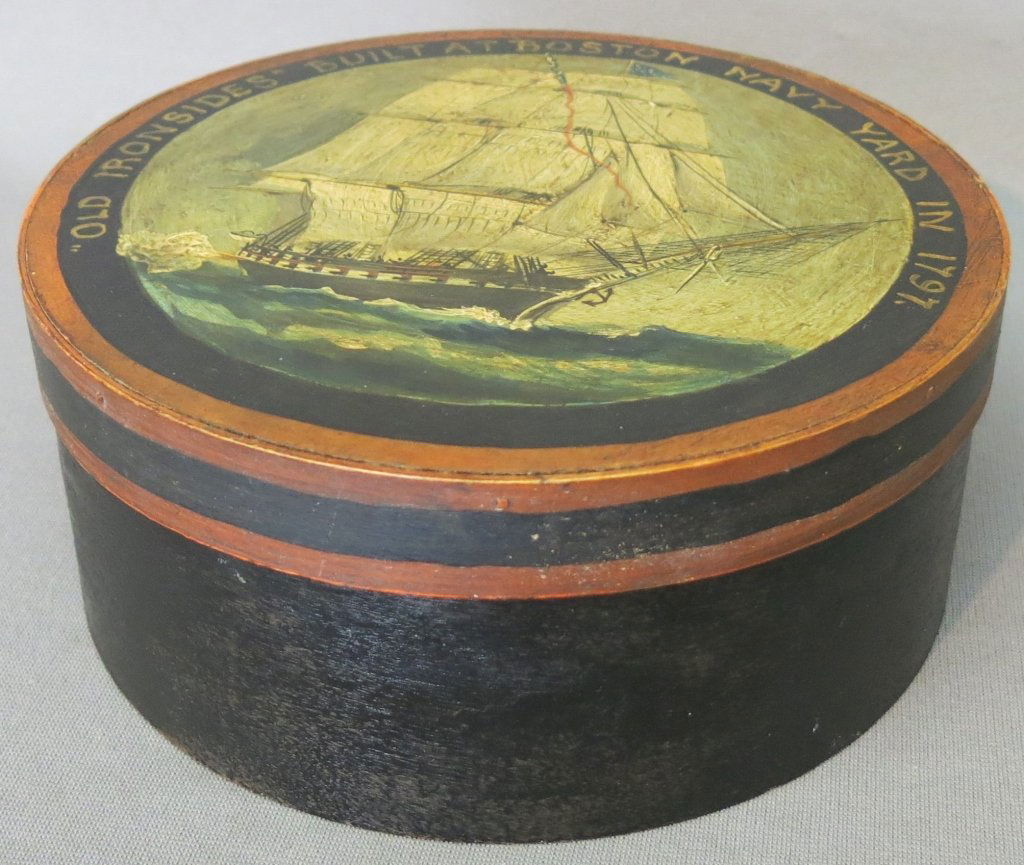 PAINT DECORATED WOODEN MEASURE: DEPICTING SCENE OF OLD IRONSIDES AT SEA; 3 3/4" TALL X 8 3/4" DIA.