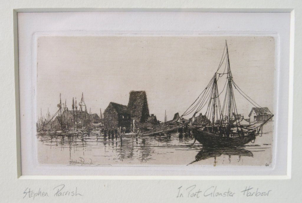 STEPHEN PARRISH PENCIL SIGNED ETCHING - GLOUCESTER: "IN PORT GLOUSTER HARBOR"; 2 3/4" X 5" IMAGE SIZE