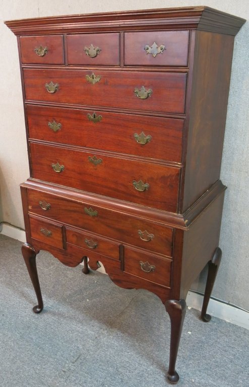 CENTENNIAL MAHOGANY QUEEN ANNE STYLE HIGHBOY: 40" X 23" X 66", 2-PART CONSTRUCTION, OLD PINE PANELLED BACK; NEEDS SOME RESTORATION