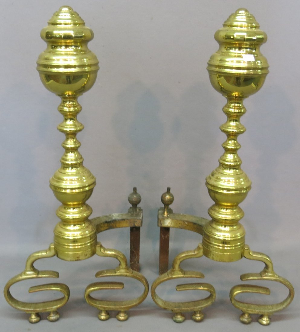 PAIR EARLY 19TH C. BRASS BEEHIVE ANDIRONS: 24" TALL