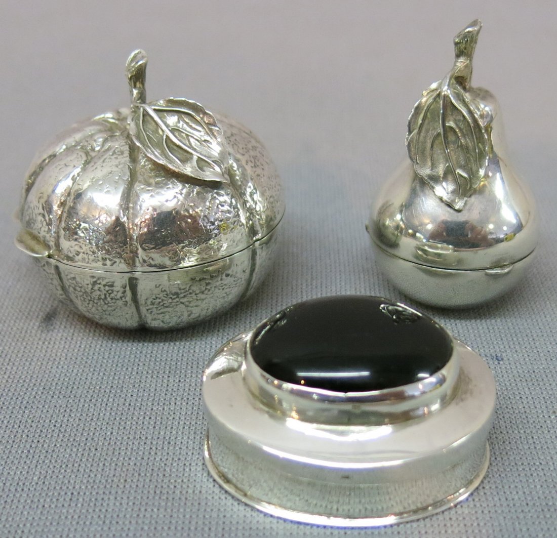 LOT OF THREE STERLING SILVER PILLBOXES: PUMPKIN AND PEAR (2" TALL): IRISH OR ENGLISH; 1.64 OZT.; AND AN OVAL BOX WITH LARGE CABOCHON STONE