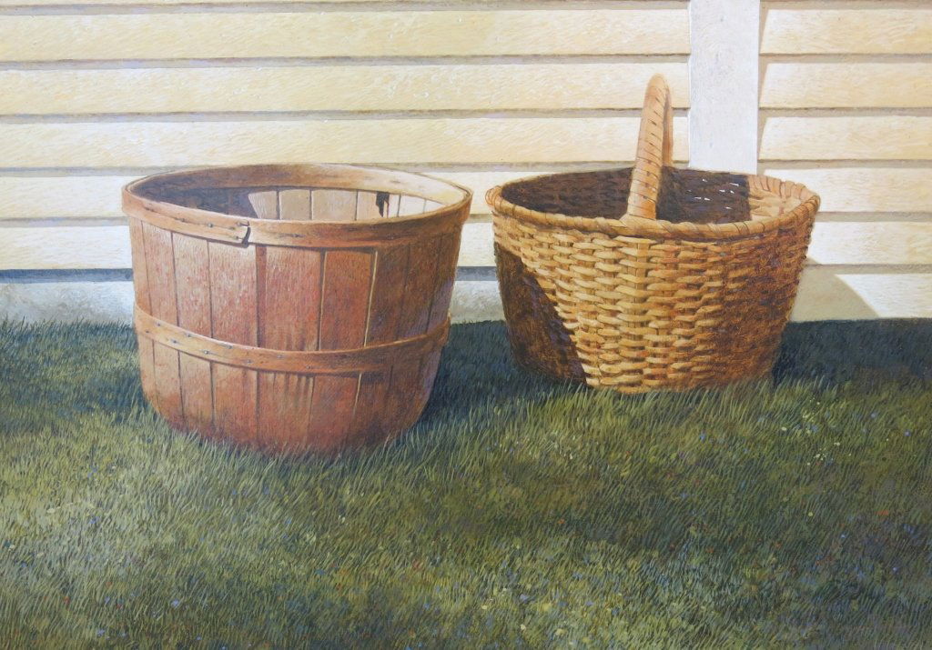 R. BENJAMIN JONES OIL PAINTING OF APPLE BASKETS: "APPLE BASKETS - PARKER FARM"; 20" X 14"; MARYLAND 20TH C.
