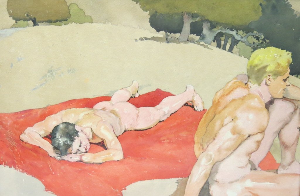 UNSIGNED WATERCOLOR OF MEN SUNBATHING (1 of 2)