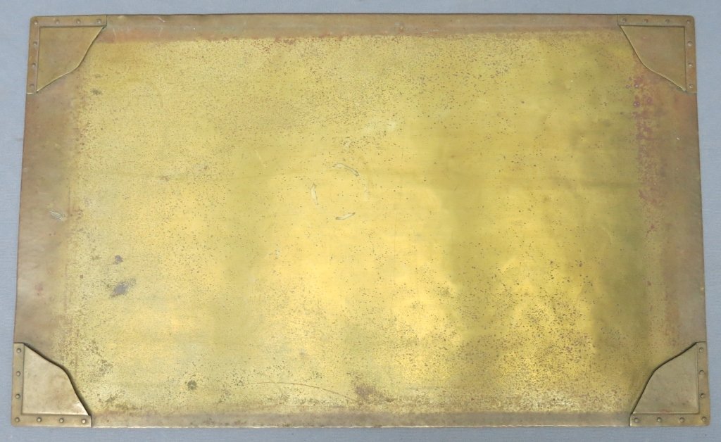 STICKLEY BRASS DESK BLOTTER: 15" X 25"; IMPRESSED JOINER'S COMPASS MARK