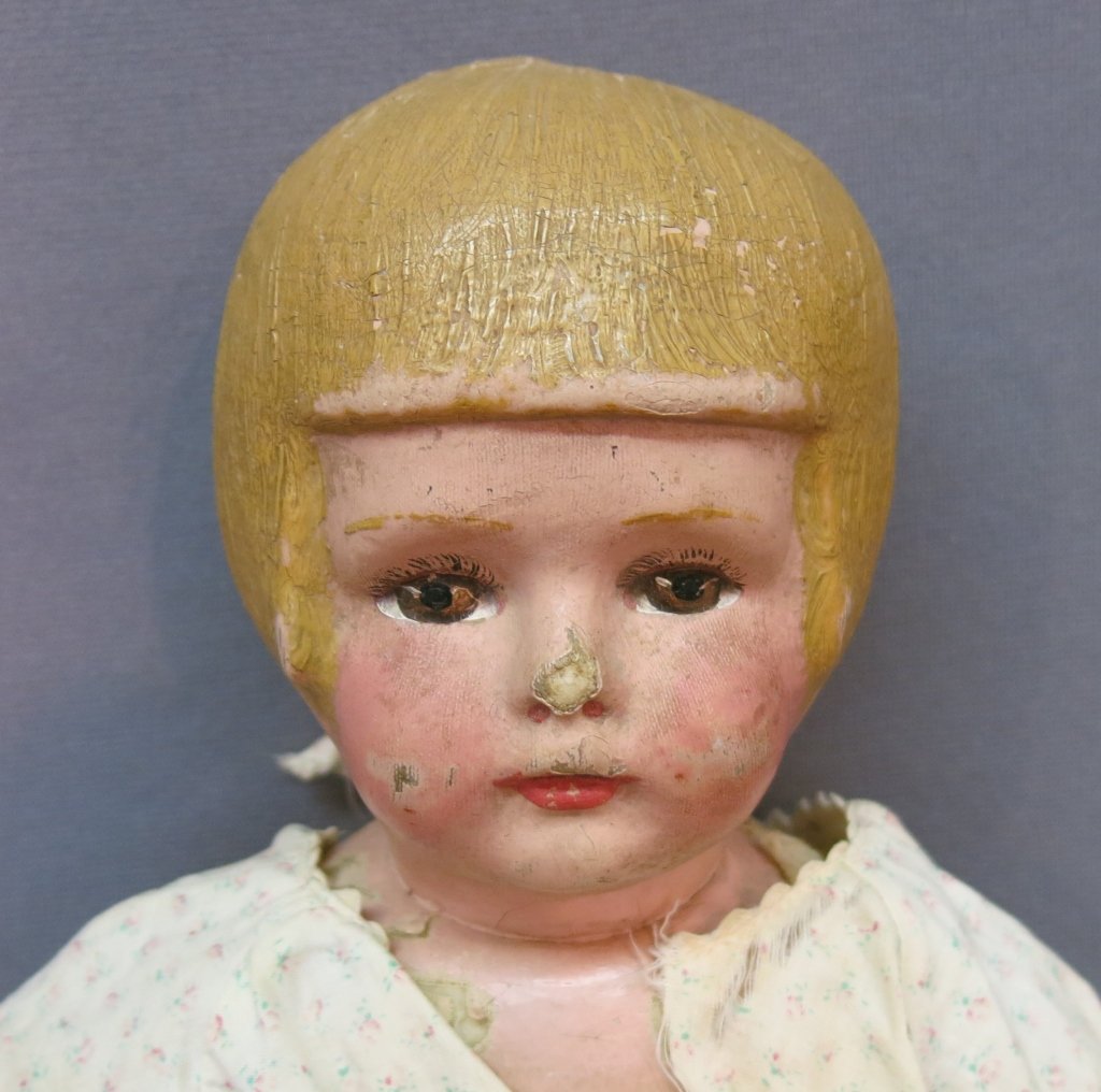 1920'S MOLDED & PAINTED STOCKINETTE DOLL: WITH COTTON STUFFED CLOTH BODY; UNMARKED, BUT ATTRIBUTED TO MARTHA CHASE; 17" TALL