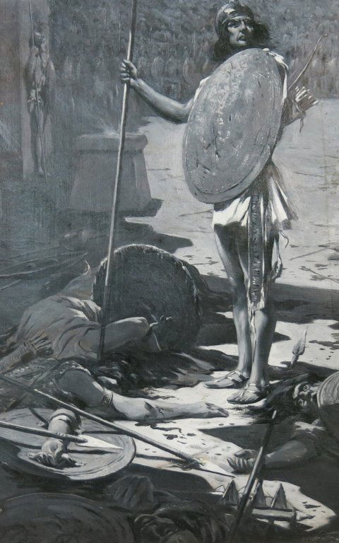 ERIC PAPE OIL PAINTING OF A WARRIOR: "THE FORTUNATE HERO, STANDING SO CALMLY BEFORE THEM" FOR THE FAIR GOD BY LEW WALLACE; 18 1/2" X 11 1/4"; CANVAS LAID ON BOARD; MA/NY/CA/FR 1870-1938