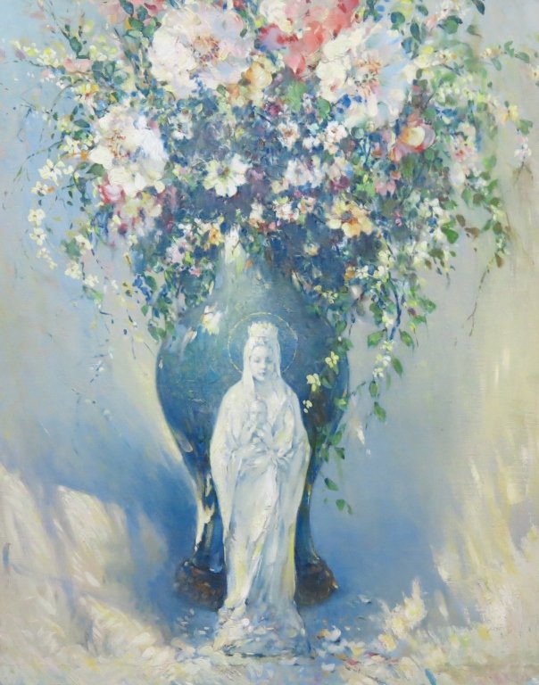 ERIC PAPE OIL PAINTING OF A STILL LIFE: WITH FIGURE OF A MADONNA AND CHILD, UNSIGNED; 33 1/2" X 26 1/2"; MA/NY/CA/FR 1870-1938; FROM THE ARTIST'S ESTATE