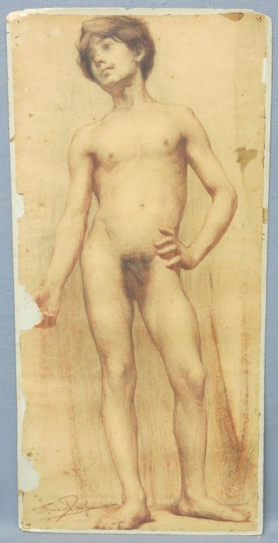 ERIC PAPE PENCIL & CRAYON DRAWING OF A NUDE: 23" X 11"; MA/NY/CA/FR 1870-1938, SEVERAL AREAS OF PAPER LOSS, DRAWING IS GLUED DOWN ON HARD PAPER STOCK; UNFRAMED