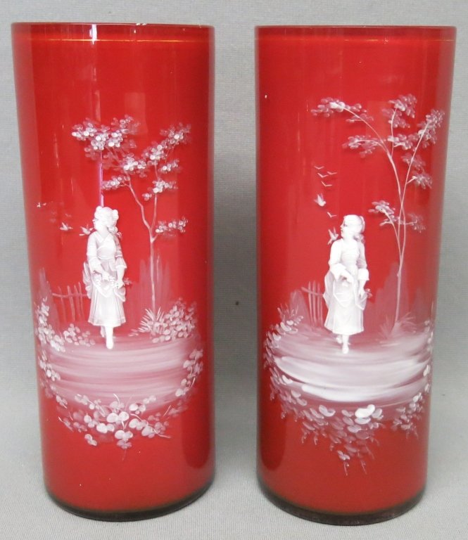 PAIR OF 19TH C CASED RUBY GLASS CYLINDER VASES: WITH MARY GREGORY TYPE HANDPAINTED DECORATION; ATTRIBUTED TO THOMAS WEBB; 9" TALL