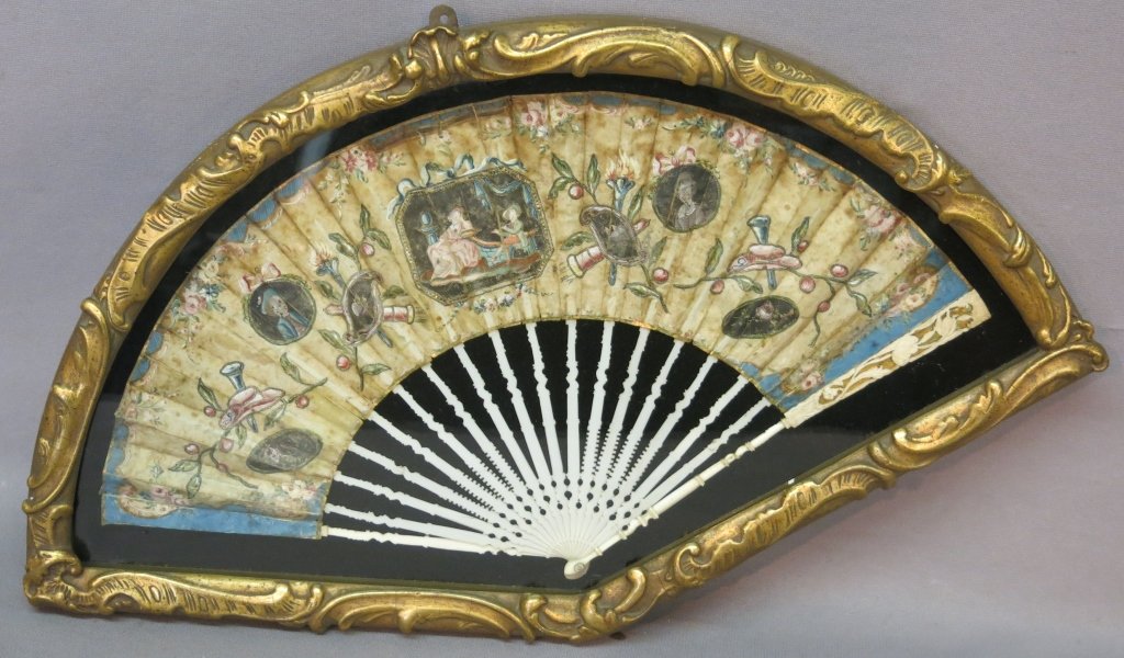 FINE OLD BONE LADIES FAN IN SHADOWBOX FRAME: FRAME MEASURES 14" X 23"