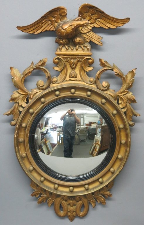 LATE 19TH C. FEDERAL STYLE CARVED AND GILT MIRROR: WITH CONVEX GLASS; 39" TALL