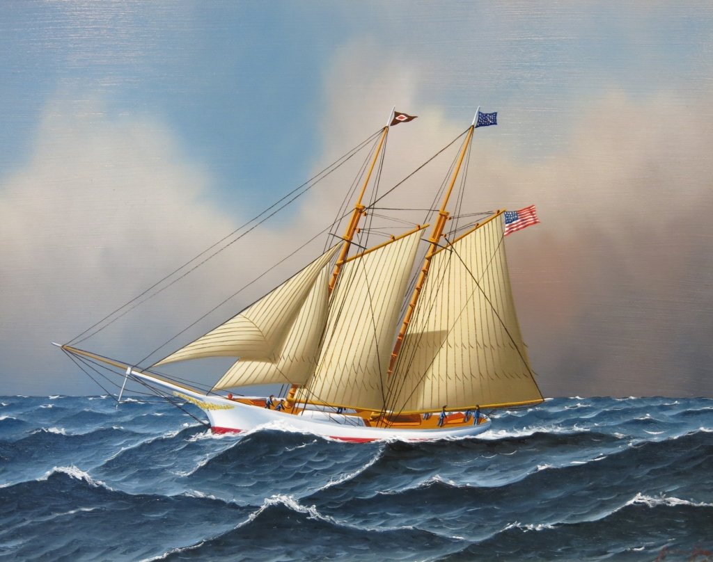 JEROME HOWES OIL OF A 2-MASTED YACHT: 14" X 18" ON BOARD