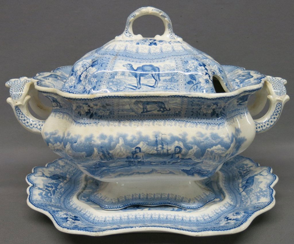 RARE 'ARCTIC SCENERY' PATTERN STAFFORDSHIRE TUREEN: THREE PIECES, NO LADLE; VERY RARE PATTERN, BASED UPON WM. PARRY'S EXPLORATIONS OF THE NORTHWEST PASSAGE, AND BEWICK'S "HISTORY OF QUADRUPEDS"; (SEVERAL CHIPS, LID HAS A HAIRLINE) 16" X 10" X 9"