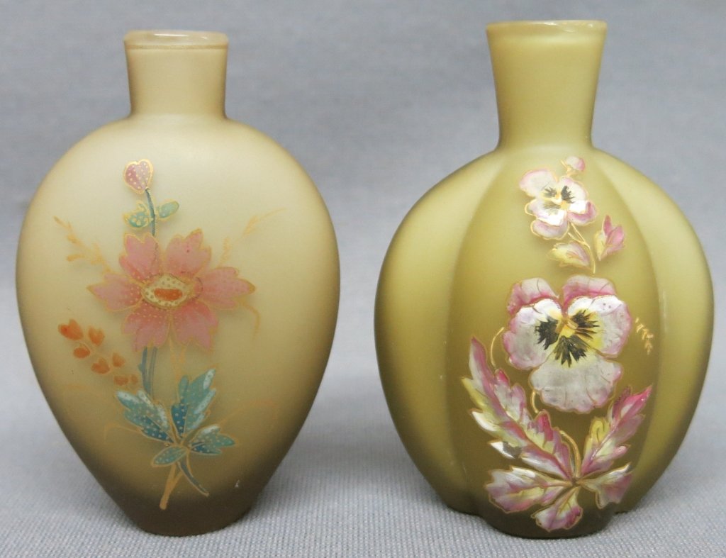 TWO THOMAS WEBB TYPE CASED GLASS PERFUME BOTTLES: WITH HANDPAINTED FLORAL DECORATION; 3 1/2" TALL