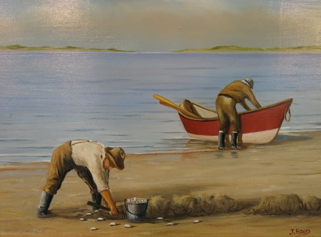JEROME HOWES OIL PAINTING OF CLAMDIGGERS: ON MDF; 20TH C. AMERICAN