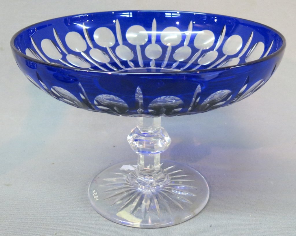 BOHEMIAN COBALT CUT TO CLEAR OVERLAY GLASS COMPOTE (1 of 3)