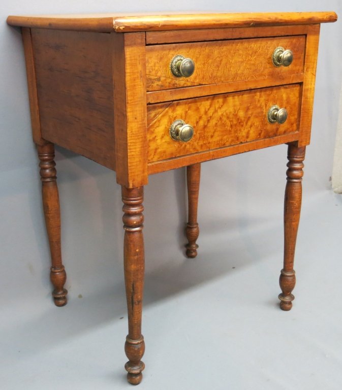 FIGURED MAPLE TWO DRAWER WORKSTAND (1 of 3)