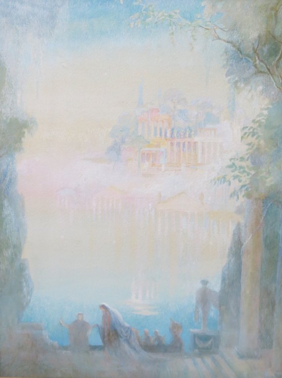 GEORGE PORTER FERNALD WATERCOLOR: OF A FANCIFUL SCENE OF A CITY IN THE CLOUDS; 18 1/2" X 14" SIGHT