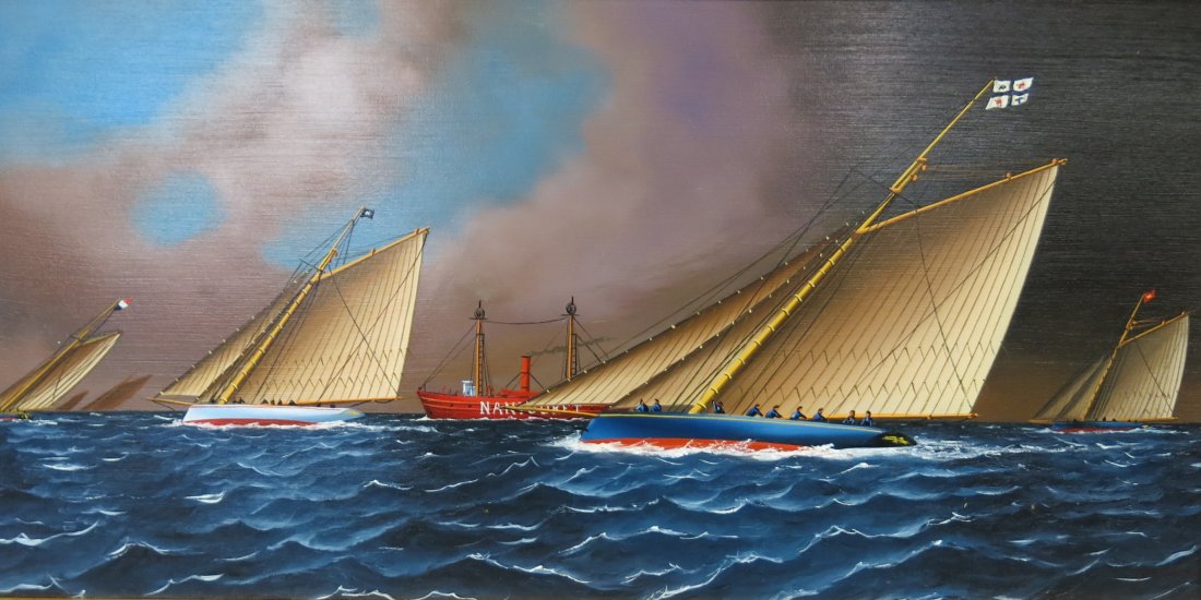 JEROME HOWES OIL PAINTING OF THE AMERICA'S CUP: 12" X 24" ON MDF, DEPICTING THE AMERICA'S CUP RACE AND THE NANTUCKET LIGHTSHIP; 20TH C. AMERICAN ARTIST