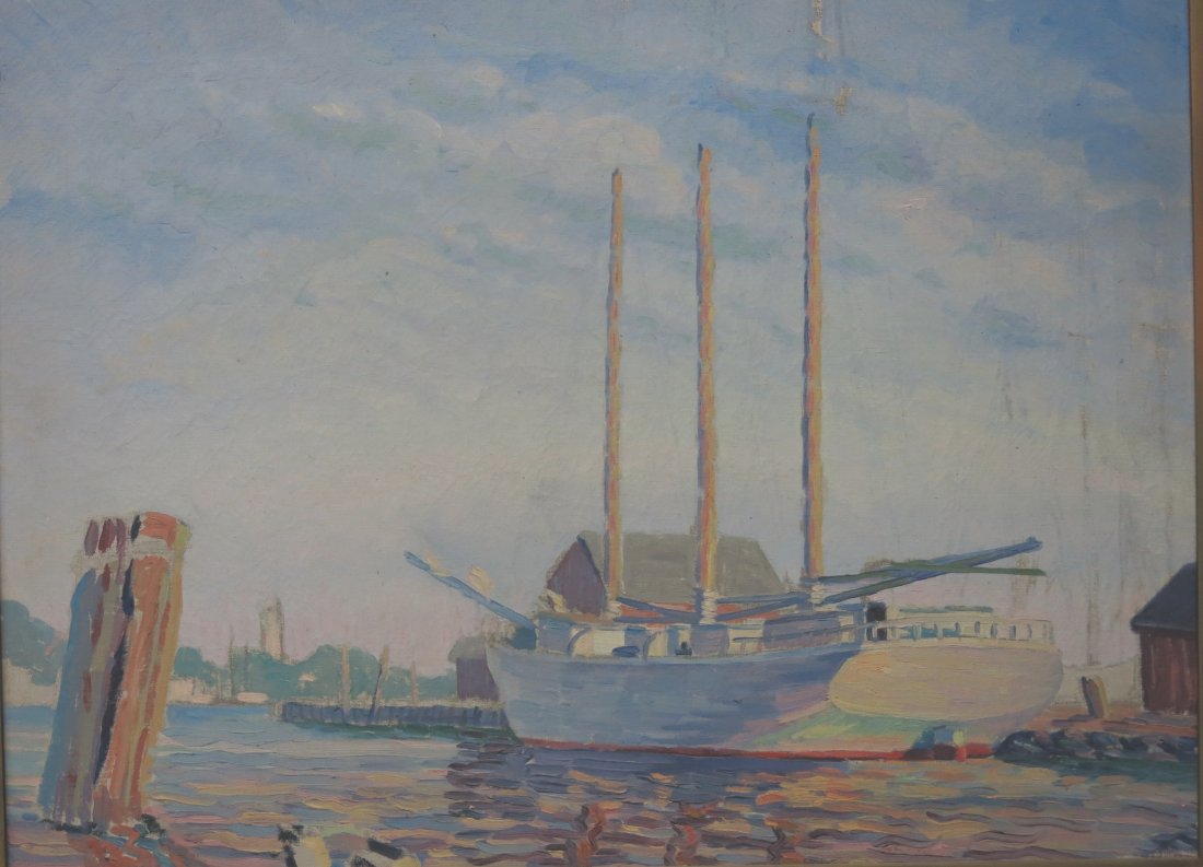 OIL ON CANVAS PAINTING OF A DOCKED 3 MASTED SHIP (1 of 2)