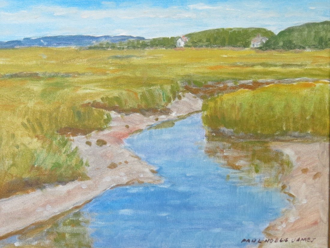 PAUL NOBLE JAMES OIL PAINTING "TIDE CREEK": "TIDE CREEK, BASS HOLE"; 11" X 14"; 20TH C. MASSACHUSETTS