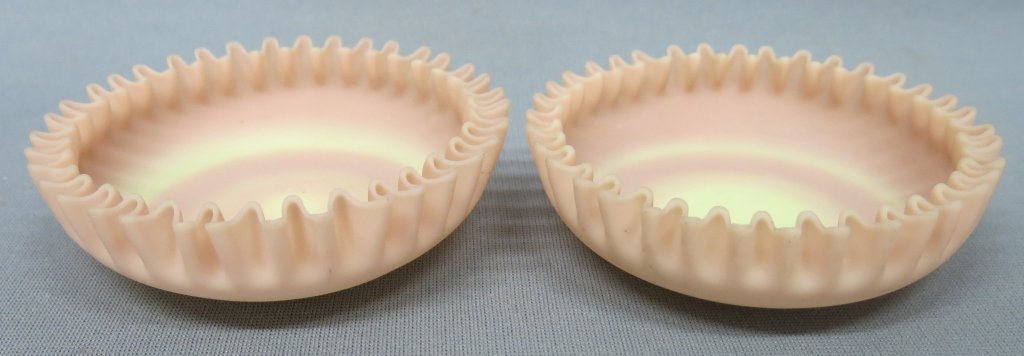 PAIR OF MT. WASHINGTON BURMESE GLASS RUFFLED BOWLS (1 of 2)