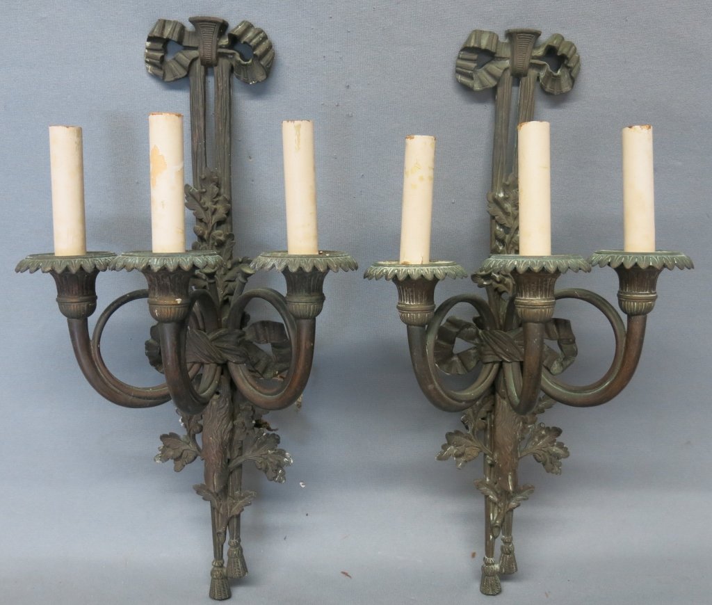 PAIR OF AUSTRIAN BRONZE 3-LIGHT WALL SCONCES (1 of 4)