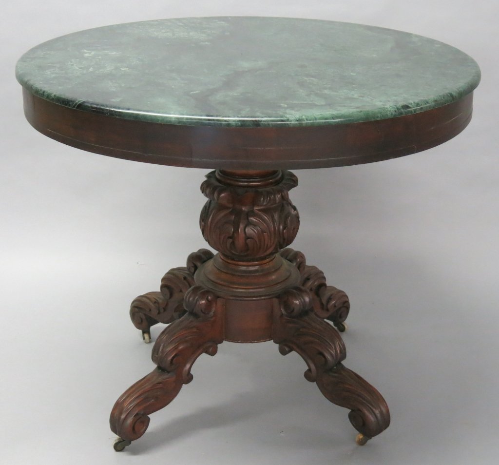 CARVED VICTORIAN WALNUT CENTER TABLE WITH MARBLE (1 of 4)